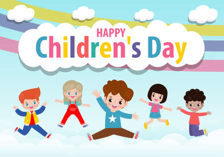 Happy children's day background poster with group cute kids jumping on the cloudy sky and rainbow greeting card isolated vector illustrationのイラスト素材