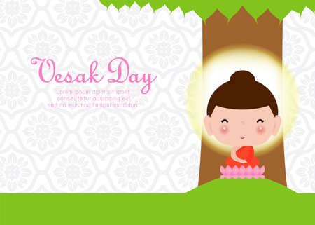 Happy vesak day with cute Buddha sitting under bodhi tree in Visakha Puja day, buddha purnima, Buddhist holiday concept banner background vector design vector illustration.のイラスト素材
