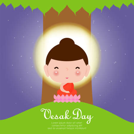 Happy vesak day with cute Buddha sitting under bodhi tree in Visakha Puja day, buddha purnima, Buddhist holiday concept banner background vector design vector illustration.のイラスト素材