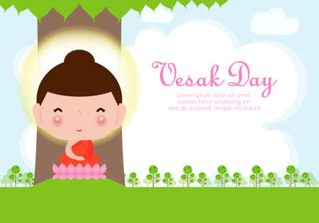 Happy vesak day with cute Buddha sitting under bodhi tree in Visakha Puja day, buddha purnima, Buddhist holiday concept banner background vector design vector illustration.のイラスト素材