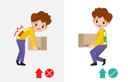 Correct lifting posture And incorrect Man lift wrong and right position. Disease back pain. Medical healthcare concept. Improper versus against proper lifting isolated on white background illustrationのイラスト素材