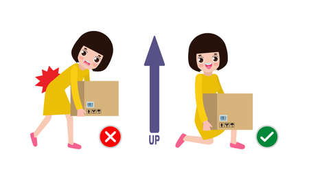 Correct lifting posture And incorrect Man lift wrong and right position. Disease back pain. Medical healthcare concept. Improper versus against proper lifting isolated on white background illustrationのイラスト素材