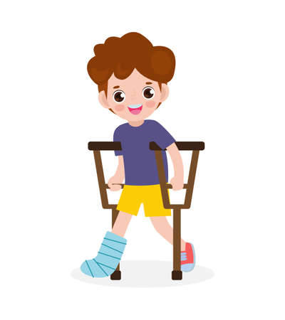 asian kid injured with broken leg in gypsum. little children standing on crutches, cartoon teen disabled character broken leg in plaster. isolated on white background Vector illustrationのイラスト素材