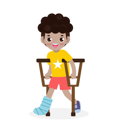 African-american children injured with broken leg in gypsum. little kid standing on crutches, cartoon teen disabled character broken leg in plaster. isolated on white background Vector illustrationのイラスト素材