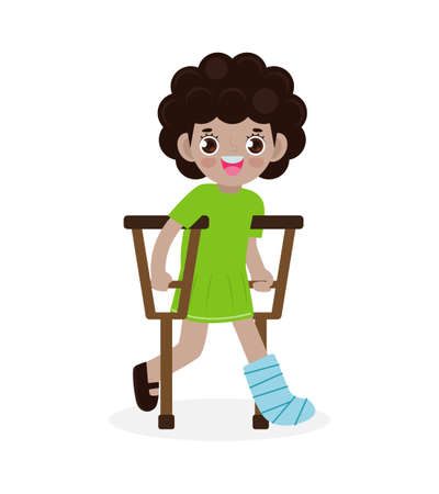 African-american children injured with broken leg in gypsum. little kid standing on crutches, cartoon teen disabled character broken leg in plaster. isolated on white background Vector illustrationのイラスト素材