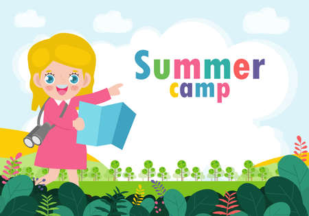 kids summer camp background education Template for advertising brochure or poster, happy children doing activities on camping and jumping, poster flyer template, your text ,Vector Illustrationのイラスト素材