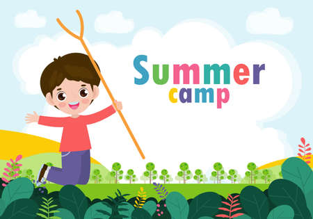 kids summer camp background education Template for advertising brochure or poster, happy children doing activities on camping and jumping, poster flyer template, your text ,Vector Illustrationのイラスト素材