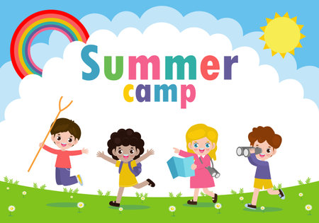 kids summer camp background education Template for advertising brochure or poster, happy children doing activities on camping and jumping, poster flyer template, your text ,Vector Illustrationのイラスト素材