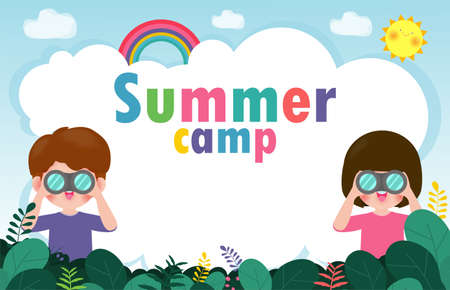 Cute little boy and girl watching something through binoculars in the forest. Children have summer outdoor adventure. kids summer camp background education Template for advertising brochure or posterのイラスト素材