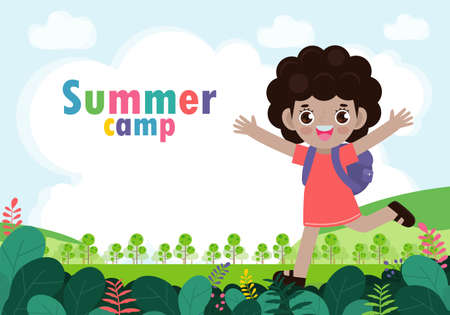 kids summer camp background education Template for advertising brochure or poster, happy children doing activities on camping and jumping, poster flyer template, your text ,Vector Illustrationのイラスト素材