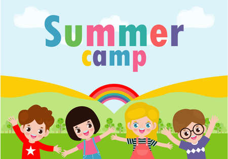 kids summer camp background education Template for advertising brochure or poster, happy children doing activities on camping and jumping, poster flyer template, your text ,Vector Illustrationのイラスト素材