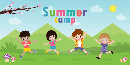 kids summer camp background education Template for advertising brochure or poster, happy children doing activities on camping and jumping, poster flyer template, your text ,Vector Illustrationのイラスト素材