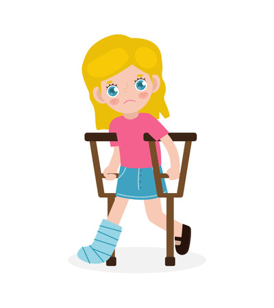 Caucasian sad kid injured with broken leg in gypsum. little children standing on crutches, cartoon teen disabled character broken leg in plaster. isolated on white background Vector illustrationのイラスト素材