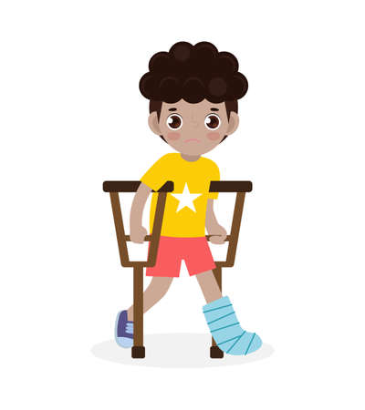 African-american sad children injured with broken leg in gypsum. little kid standing on crutches, cartoon teen disabled character broken leg in plaster isolated on white background Vector illustrationのイラスト素材