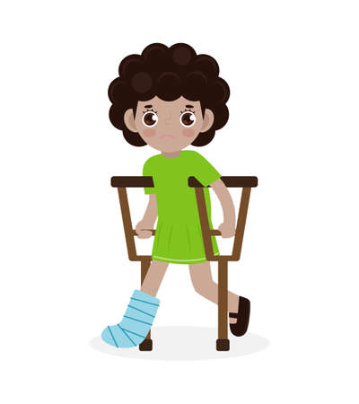 African-american sad children injured with broken leg in gypsum. little kid standing on crutches, cartoon teen disabled character broken leg in plaster isolated on white background Vector illustrationのイラスト素材