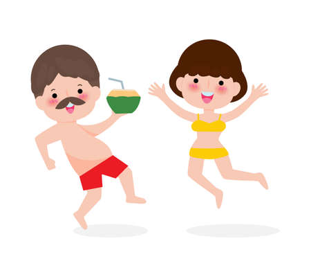 Young women and men jumpping on have a fun summer time, Relaxing couple person at seashore, Lounge time at the seaside. Summer vacation in flat cartoon isolated on white background vector illustrationのイラスト素材