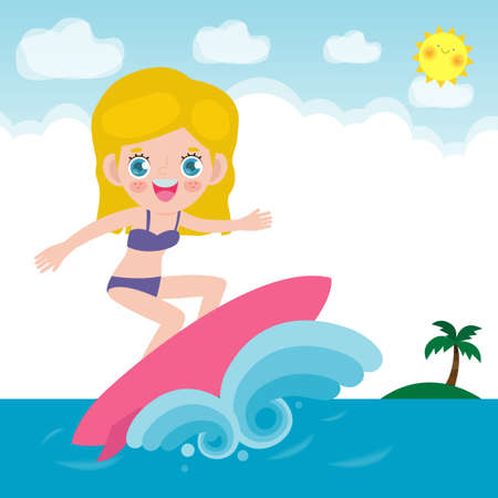 cute surfer people character with surfboard and riding on ocean wave. Happy young surfer guy on the crest wave, flat vector illustration isolated on backgroundのイラスト素材