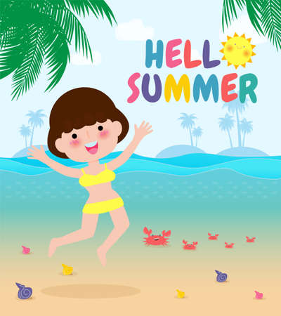 hello summer template banner, Young women jumping on have a fun summer time, Relaxing person at seashore, Lounge time at the seaside, Summer vacation flat cartoon on background vector illustrationのイラスト素材