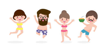hello summer, Young women and men jumping on have a fun summer time, Relaxing couple person at seashore, Lounge time at the seaside. Summer vacation in flat cartoon isolated background vectorのイラスト素材