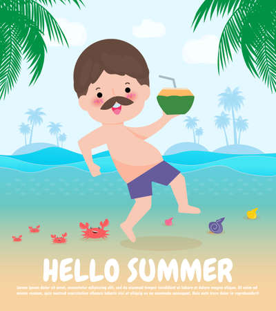 hello summer template banner, hipster man jumping on have a fun summer time, Relaxing person at seashore, Lounge time at the seaside, Summer vacation flat cartoon on background vector illustrationのイラスト素材