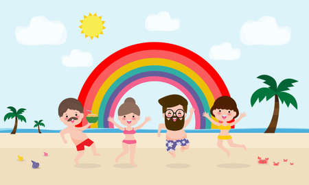 hello summer template banner, Young man and woman jumping on have a fun summer time, Relaxing person at seashore, Lounge time at the seaside, vacation flat cartoon on background vector illustrationのイラスト素材