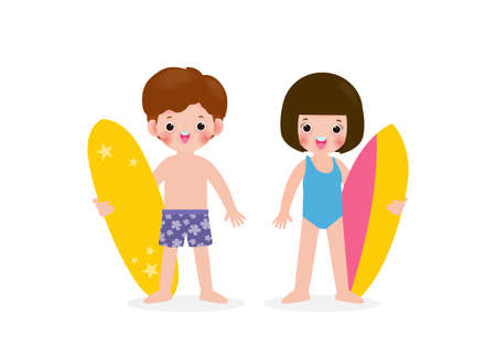 summer time and set of cute surfer asian children character with surfboard on beach. Happy young surfer on the crest wave, flat vector illustration isolated on white backgroundのイラスト素材