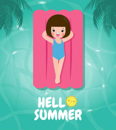 Hello summer template banner, Kid relaxing floating on inflatable at the beach in summer time top view. for advertising brochure  flat cartoon isolated on background vector illustrationのイラスト素材