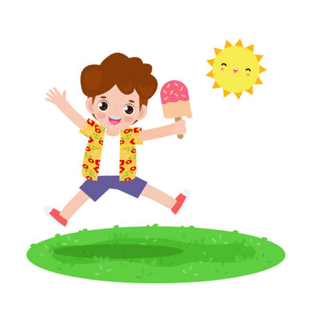 summer time template banner, Cute little kids holding ice cream and jumping feeling happy in hot sunny day vacation flat cartoon isolated on white background vector illustrationのイラスト素材