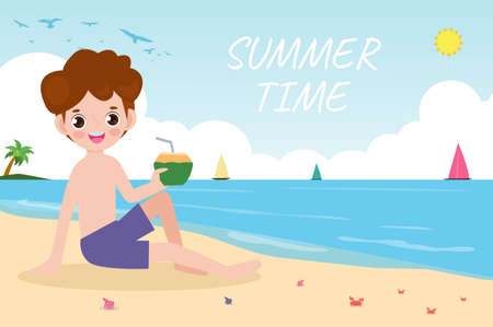 summer time banner template, man eating coconut sitting on the beach, summertime, Relaxing children at seashore, Lounge time at the seaside, vacation flat cartoon on background vector illustrationのイラスト素材