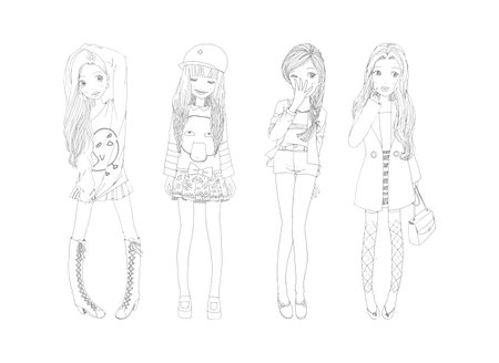 four hand drawn beautiful cute girls, Happy young girl cartoon doodle collection women isolated on white background vector illustrationのイラスト素材
