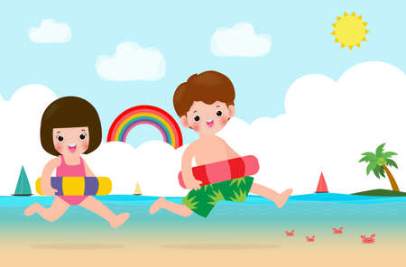 Happy kids in swimming clothes with inflatable toys on beach, children with inflatable buoy jumping into swimming,  child with float donut flat vector illustration isolated on backgroundのイラスト素材