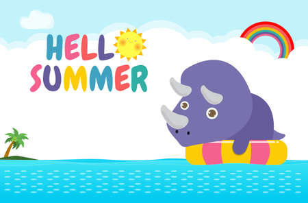 Hello summer banner template of Cute Dinosaur baby in swimming nd rubber ring in the sea. Dino cartoon floating on inflatable in the ocean isolated background vector illustrationのイラスト素材