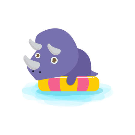 Summer time of Cute Dinosaur baby in swimming nd rubber ring in the sea. Dino cartoon floating on inflatable in the ocean isolated on white background vector illustrationのイラスト素材