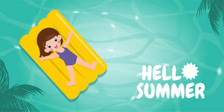 Hello summer template banner, Kid relaxing floating on inflatable at the sea in summer time top view. for advertising brochure  flat cartoon isolated on background vector illustrationのイラスト素材