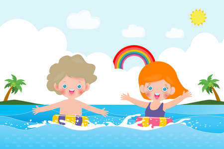 Hello summer banner template of Cute kids in swimming and rubber ring in the sea. children cartoon floating on inflatable in the ocean isolated background vector illustrationのイラスト素材