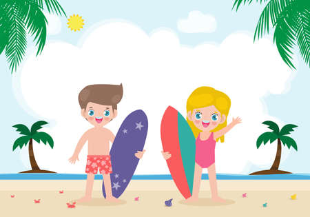 Hello summer banner template and cute surfer children character with surfboard on beach. Happy young surfer on the crest wave, flat vector illustration isolated on backgroundのイラスト素材