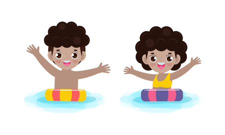 summer banner template of Cute Caucasian kids in swimming nd rubber ring in the pool. childern cartoon floating on inflatable in summer holiday party isolated on white background vector illustrationのイラスト素材