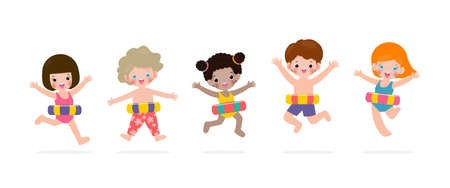 Summer Time, Happy group kids in swimming clothes with inflatable toys, children with inflatable buoy jumping into swimming, child with float donut vector illustration isolated on white backgroundのイラスト素材