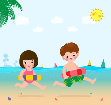 Summer banner for Happy kids in swimming clothes with inflatable toys on beach, children with inflatable buoy jumping into swimming, child with float donut flat vector illustration isolated backgroundのイラスト素材