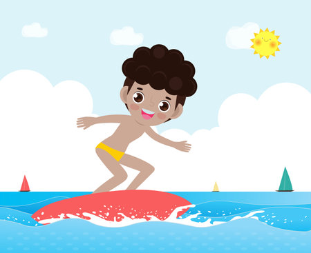 Hello summer banner template cute surfer kid character with surfboard and riding on ocean wave. Happy young surfer on the crest wave, summer time flat vector illustration isolated on backgroundのイラスト素材