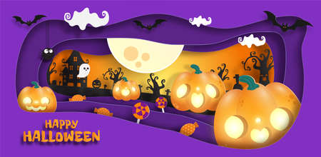 Happy Halloween banner paper cut style background Vector illustration, fun party celebration invitation with night clouds and pumpkins and full moon, sale promotion web and Place for textのイラスト素材