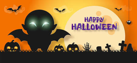 Happy Halloween banner paper cut style background Vector illustration, fun party celebration invitation Dracula Vampire with night clouds and pumpkins, full moon, sale promotion web and Place for textのイラスト素材