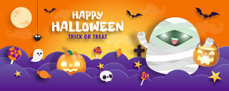 Happy Halloween trick or treat banner paper cut style background Vector illustration, fun party celebration invitation mummy with night clouds and pumpkins, sale promotion web and Place for textのイラスト素材