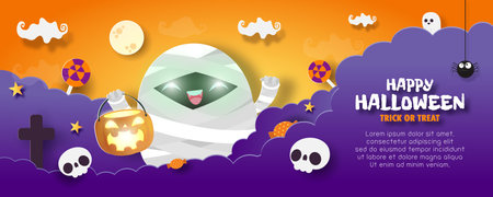 Happy Halloween trick or treat banner paper cut style background Vector illustration, fun party celebration invitation mummy with night clouds and pumpkins, sale promotion web and Place for textのイラスト素材