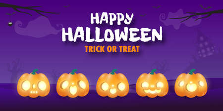 Happy Halloween banner or party invitation background with night clouds and pumpkins in the sky, poster party, Place for text, trick or Treating background isolated Vector Illustration.のイラスト素材