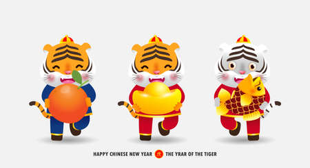 Happy Chinese new year 2022 banner little cute tiger holding mandarin orange, gold ingots and fish, year of the tiger zodiac, brochure, calendar background vector design, Translation: happy new yearのイラスト素材