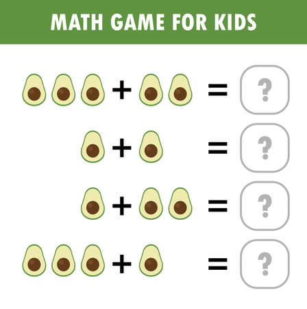 Mathematics educational game for children. Learning counting, addition worksheet for kids. math Addition Subtraction Puzzle fruit vegetable Trick Question Solve Flat Vector Illustrationのイラスト素材