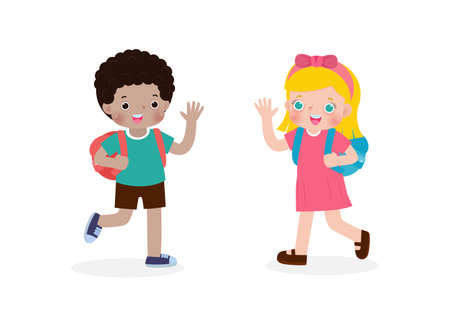African American children with the backpack saying goodbye to caucasian kids Cartoon characters Boy and Girl school kids going to school isolated on white background vector illustrationのイラスト素材