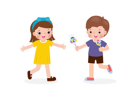 Happy cute little kids sharing candy to friend Cartoon characters flat design isolated on white background vector illustrationのイラスト素材