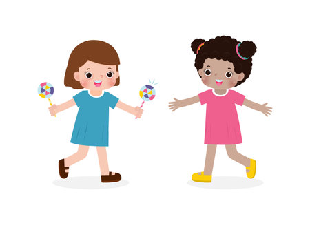 Happy cute little kids sharing candy to friend Cartoon characters flat design isolated on white background vector illustrationのイラスト素材